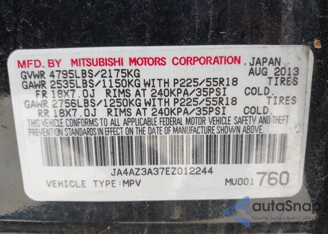 2014 Mitsubishi Outlander Se from USA, damaged, VIN JA4AZ3A37EZ012244